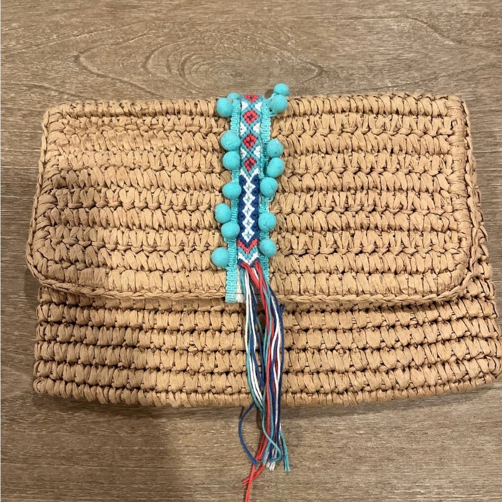 Raffia Woven Clutch with Pom Pom Accents